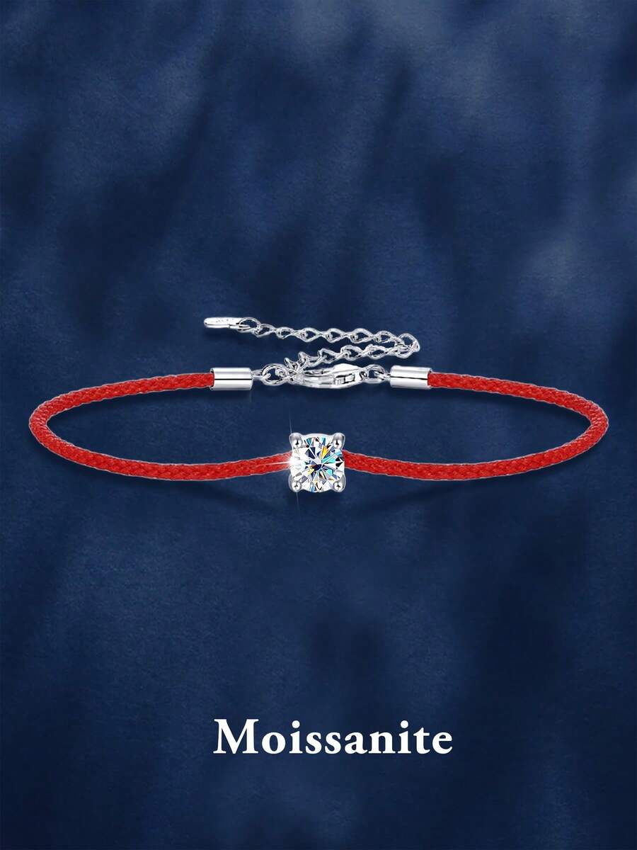 1pc Luxury Minimalist 925 Sterling Silver 0.5ct 5.0mm Moissanite Red Rope Bracelet, Suitable For Women's Daily Wear, Party, Holiday, Valentine's Day, Mother's Day, Christmas, Wedding Anniversary, Women's Jewelry Gift - Red - View 1