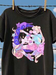 Magical Moon Anime-Shirt, Kpop Sailor Girl Idol Style, 90s Retro Anime StreetWear - 黑色 - 查看 7