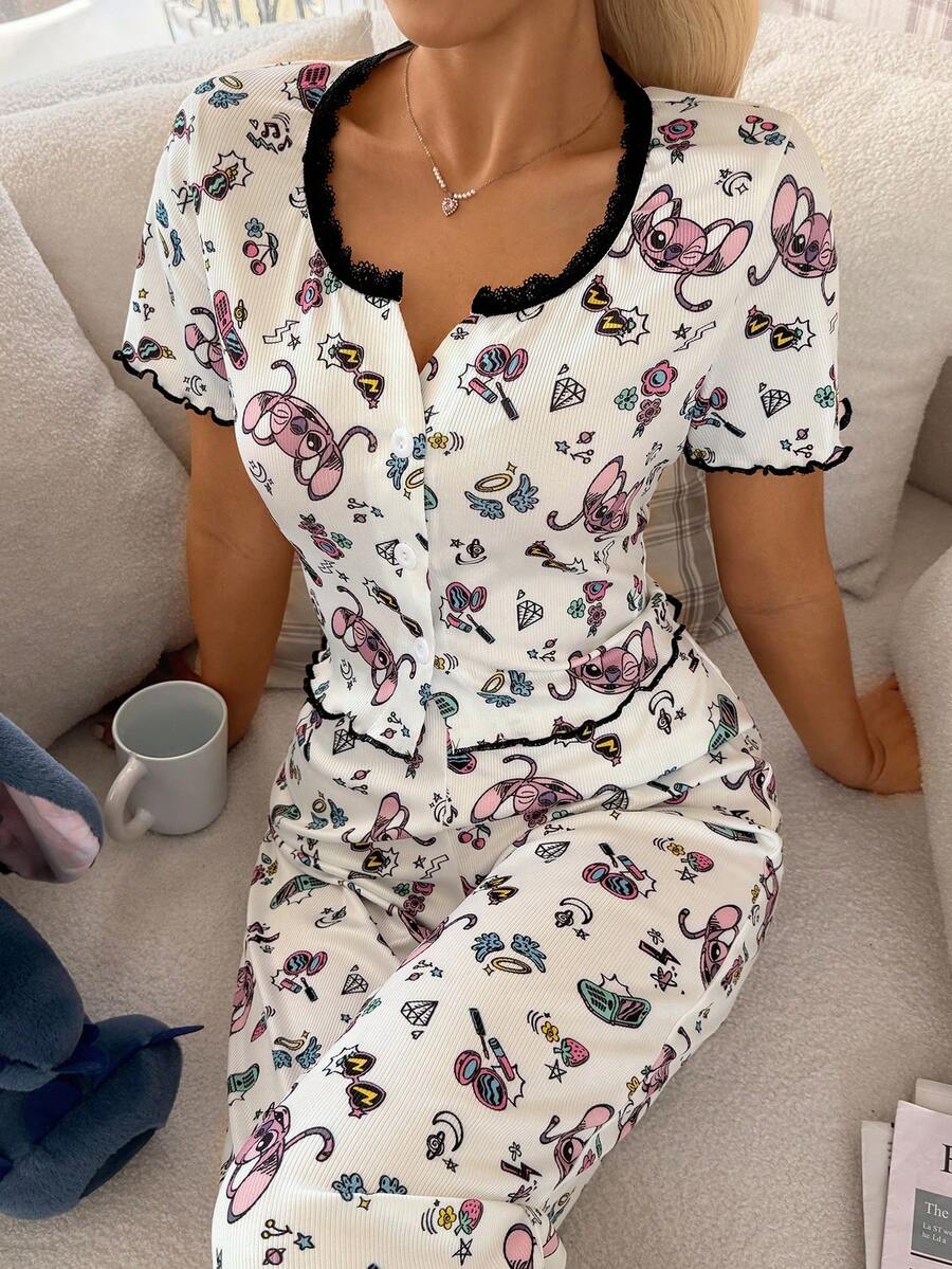Women's Pajamas Stitch Print Lace Trim Rolled Button Short-Sleeve And Long-Pants Set - Multicolor - View 1