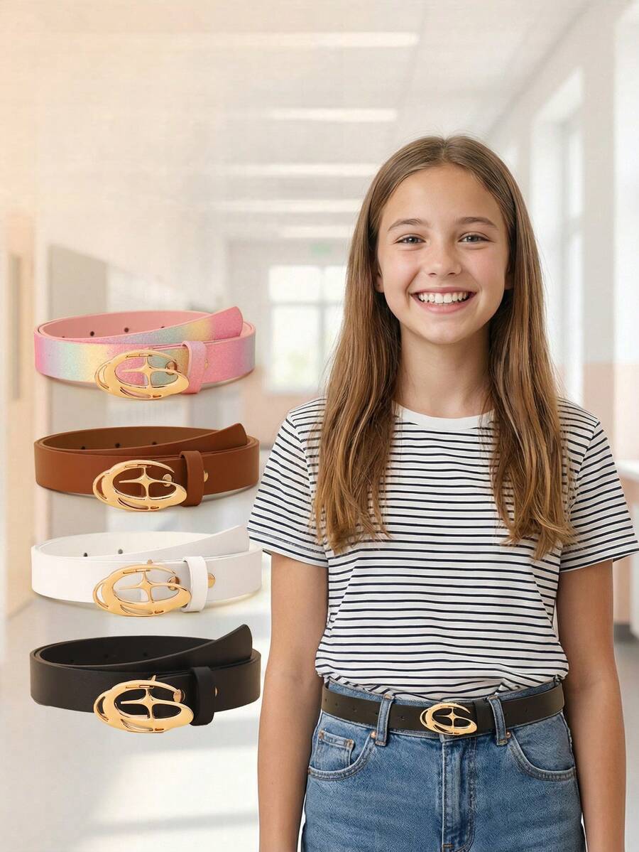 1pc Kids New Star Buckle Belt, High Quality PU Waist Belt For Jeans, Dresses, Student Waist Belt