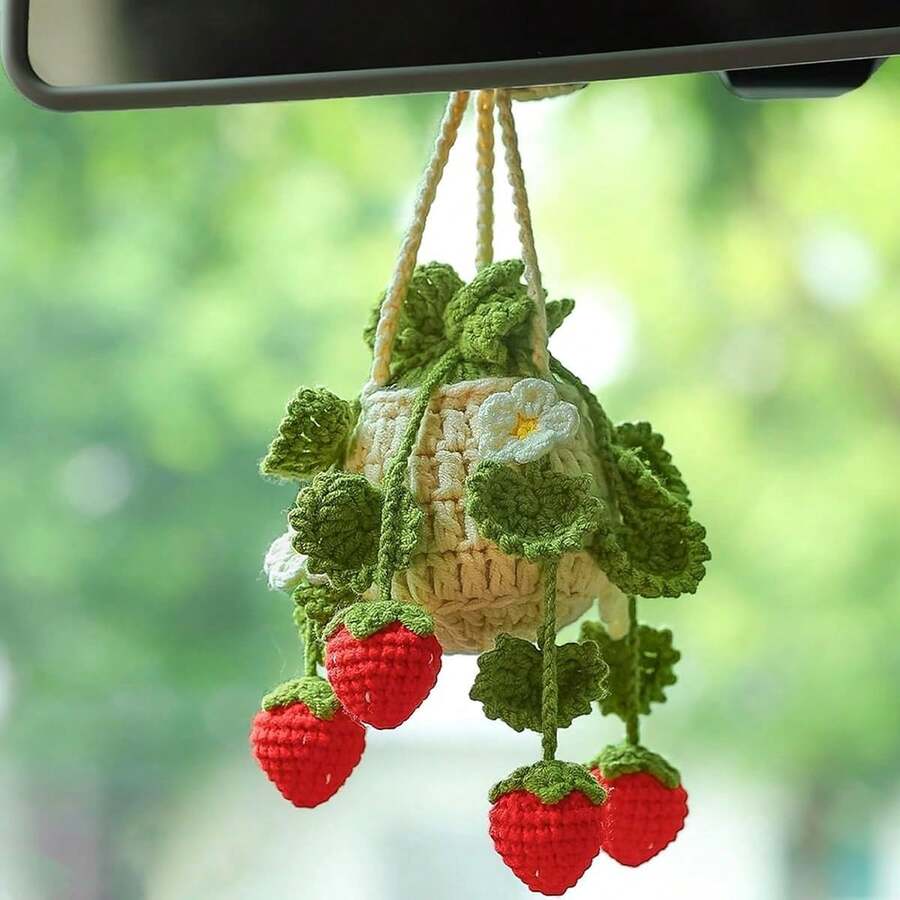 Car Interior Rear View Mirror Ornament Crochet Hanging Strawberry Plant Car Decorations Interior Aesthetic Car Accessories Cute Car Charms For Rear View Mirror, Boho Car Decoration - Hoa trắng - Xem 1