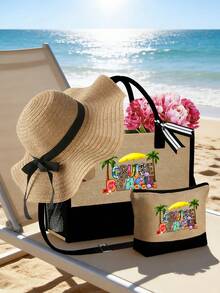 Black Khaki Set With The Letter "Beach" Printed On It, Beach Bag, With Makeup Bag, Small Square Bag, Hat, Large Capacity, Shoulder Strap, Adjustable, Convenient Small Bag Combination, Solving The Problem Of Messy Travel Cosmetics, Professional Makeup Bag, Square Bag, Tote Bag, Coin Purse, Storage Bag, Pen Bag - Multicolor - View 1