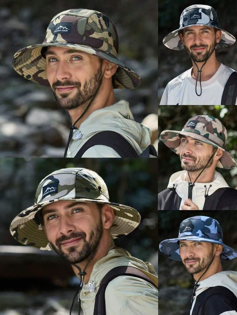 1 Stück Unisex Camouflage Seil Fischerhut mit breiter Krempe, schnelltrocknender runder Outdoor Dschungel Hut für Frühling/Sommer, Sonnenschutz, atmungsaktive Mesh Jagd Camouflage Mütze, vielseitige Anglermütze für Männer und Frauen - A - Übersicht 1