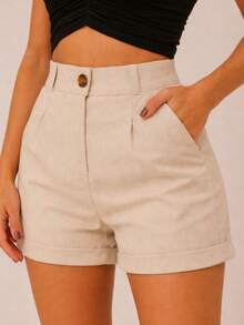 Women's Linen High-Waisted Shorts With Side Pockets, Zipper, And Button Closure - Beis - Ver 2