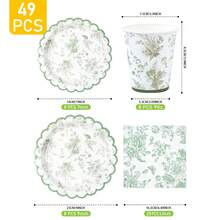 8pcs Green Porcelain Floral Disposable Plate, Napkin, Cup Set, One-Time Party Supplies Suitable For Birthday, Wedding, Theme Party, Family Picnic - Multicolor - View 2