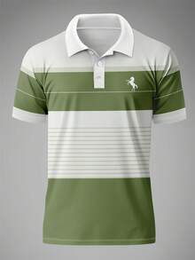 Men's Casual Striped Print Short Sleeve Polo Shirt - Olive Green - View 2