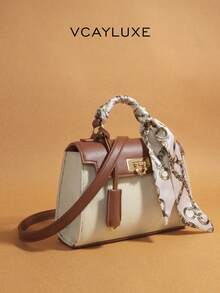 1件装时尚蓝色（围巾可DIY）拼接白色极简风格手提包，适合商务、休闲、购物和上学等场合，正面旋扣设计，配有肩带和斜挎带，百搭复古魅力，适合优雅独特的女性，适合任何场合展现独特的时尚品味。 - 棕色 - 查看 1