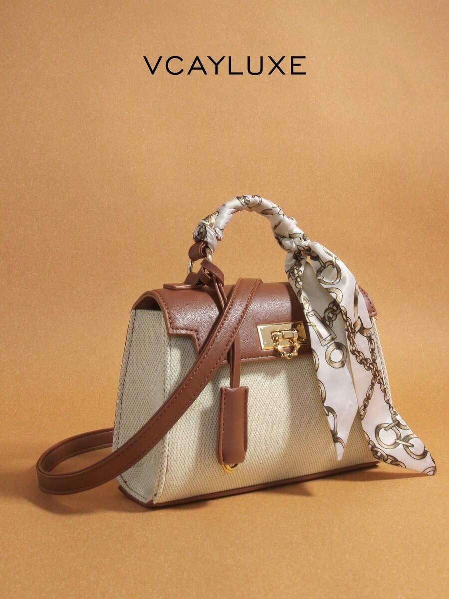 1件装时尚蓝色（围巾可DIY）拼接白色极简风格手提包，适合商务、休闲、购物和上学等场合，正面旋扣设计，配有肩带和斜挎带，百搭复古魅力，适合优雅独特的女性，适合任何场合展现独特的时尚品味。 - 棕色 - 查看 1