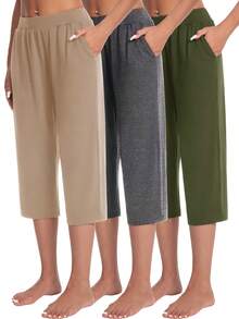 3 Pack Capri Pants For Women Loose Lounge Cropped Sweatpants Joggers Yoga Casual Workout Pants With Pockets - 深灰,軍綠,卡其 - 查看 1