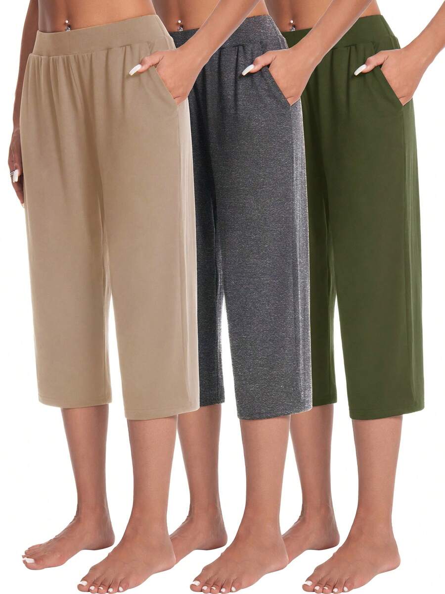 3 Pack Capri Pants For Women Loose Lounge Cropped Sweatpants Joggers Yoga Casual Workout Pants With Pockets - 深灰,軍綠,卡其 - 查看 1