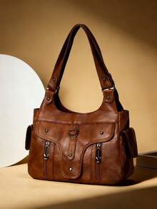 1件复古大容量手提包，复古PU单肩斜挎包，女士休闲托特包兼钱包 - 棕色 - 查看 2