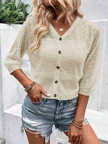 女士V领纽扣针织开衫，半透明，常规短款，休闲外套 - 香檳色 - 查看 4