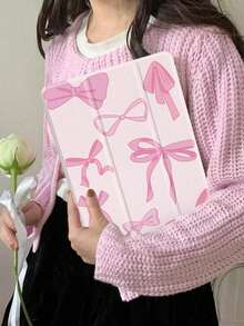 Kawaii Pink Bow Pattern IPad Case Auto Wake Sleep Tri-Fold Stand Shockproof With Pen Holder For IPad 10/Air 5/11 M3/Pro 11 - Baby Pink - View 2