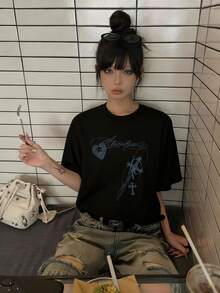 2026 Summer New Women's Casual Round Neck Loose Slimming Streetwear Punk Style Graphic Print Lightweight Versatile Short Sleeve T-Shirt - Black - View 2