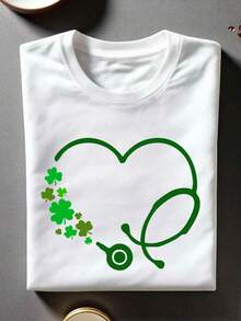 St Patrick's Day Stethoscope Shirt, Lucky Nurse T-Shirt, St Paddy's Nurse Tee, Shamrock Stethoscope Apparel, Cute Irish Nurse Gift, ER Nurse Outfit, GH-521 - 白色 - 查看 1