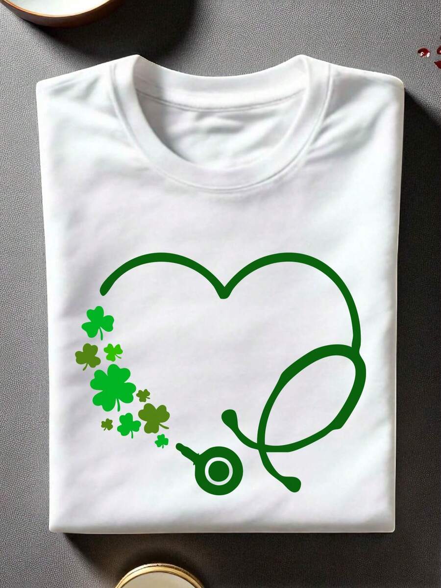 St Patrick's Day Stethoscope Shirt, Lucky Nurse T-Shirt, St Paddy's Nurse Tee, Shamrock Stethoscope Apparel, Cute Irish Nurse Gift, ER Nurse Outfit, GH-521 - 白色 - 查看 1