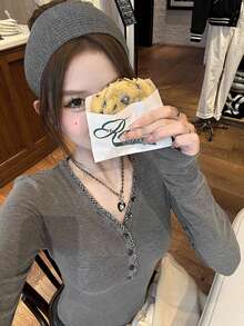 Sweet & Cool Plaid Patchwork V-Neck Long Sleeve T-Shirt, Slim Fit Layering Top, Spring/Summer - Grey - View 1