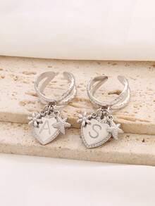 1pc Fashion Design 18k Gold Plated Stainless Steel Heart Initial Letter Charm Ring 26 A-Z Initial Alphabet Flower Starfish Pendant Open Ring Suitable For Women's Daily Wear Jewelry Gifts - Ring.. - View 7