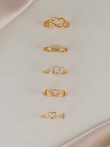 5pcs Elegant Cubic Zirconia Heart, Knot, Geometric Ring Set, Suitable For Women's Daily, Date, Party Wear - Yellow Gold - View 3