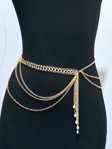 1pc Fashionable And Elegant Tassel Ladies' Waist Chain, Suitable For Casual And Party Wear, Perfectly Matches Dresses And Evening Gowns. - Gold - View 1