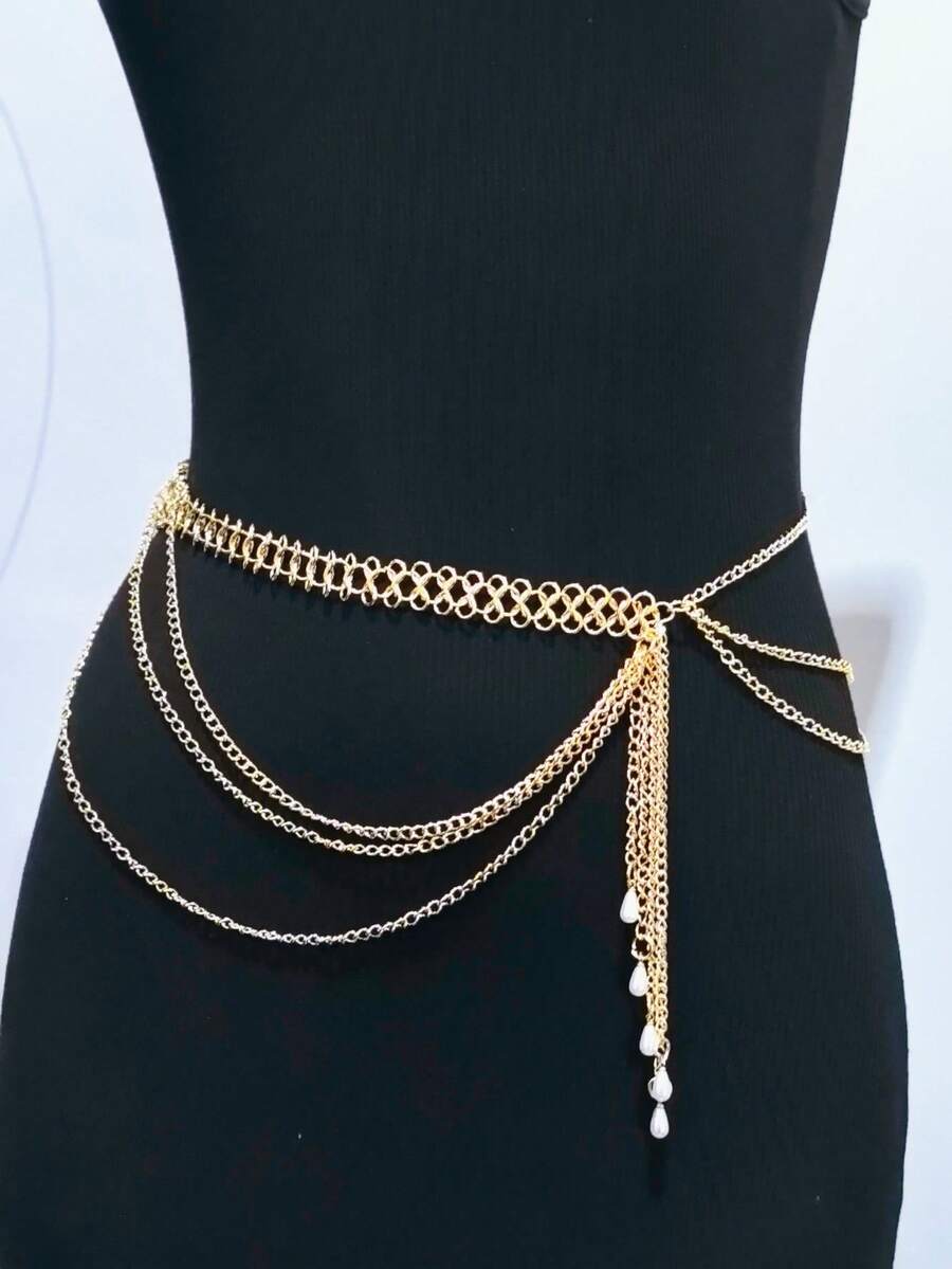 1pc Fashionable And Elegant Tassel Ladies' Waist Chain, Suitable For Casual And Party Wear, Perfectly Matches Dresses And Evening Gowns. - Gold - View 1