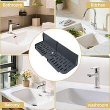 Sink Splash Guard Behind Faucet, Silicone Sink Faucet Drying Mat & Dish Soap Sponge Holder, Silicone Kitchen Sink Auto Drain Organizer (Black,Grey) - Multicolor - View 3