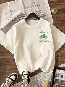 Women's Summer Casual Pasta Pattern Round Neck Short Sleeve T-Shirt - Light Apricot - View 3