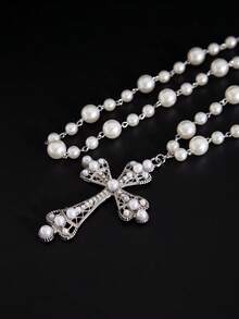 2pcs/Set Faux Pearl Cross Necklace, Fashionable Layered Beaded Choker Necklace For Men, Hip Hop Style - Pearl Cross - View 9