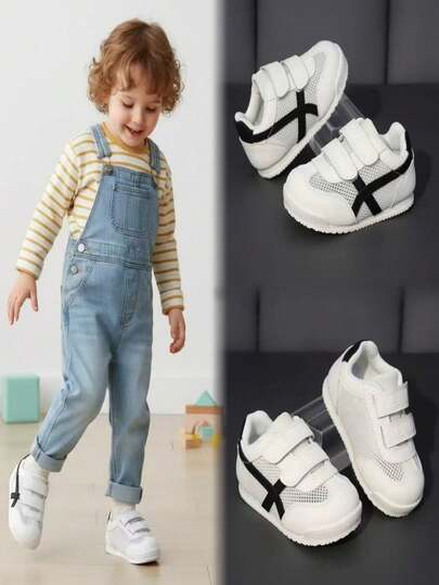1 Pair White Soft Mesh + Leather Patchwork Infant/Toddler Athletic Shoes, Classic Round Toe Hook And Loop Design, Non-Slip Soft Sole, Casual Sneakers For Daily, Vacation, School, Spring/Summer 2026