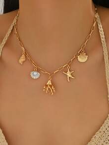1pc Summer Ocean Style Jewelry Necklace, Coral, Starfish, Shell, Conch Pendant Combination, Gold Clavicle Chain, Suitable For Daily Wear, Decoration, Beach Vacation, Date, Party, Travel - Multicolor - View 1