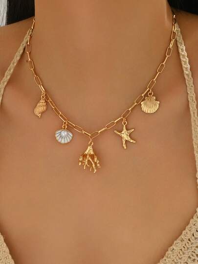 1pc Summer Trending Ocean Style Jewelry Necklace, Coral, Starfish, Shell, Conch Pendant Combination, Gold Clavicle Chain, Suitable For Daily Wear, Decoration, Beach Vacation, Date, Party, Travel