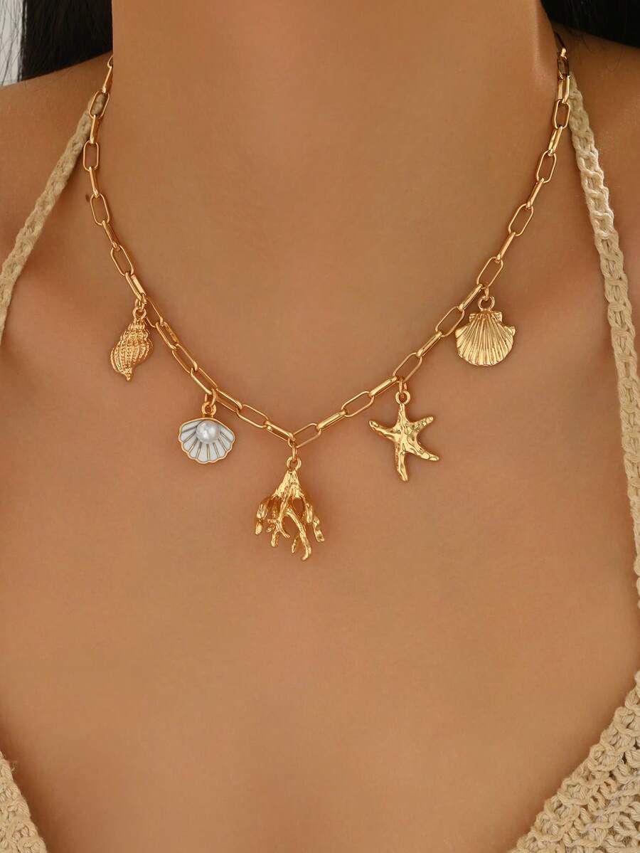 1pc Summer Ocean Style Jewelry Necklace, Coral, Starfish, Shell, Conch Pendant Combination, Gold Clavicle Chain, Suitable For Daily Wear, Decoration, Beach Vacation, Date, Party, Travel - Multicolor - View 1