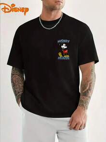 Disney Men's T-Shirt With Mickey Mouse Cartoon Pattern Printed On The Front And Back, Fashionable, Soft And Comfortable Cotton T-Shirt, Retro Street Feel - Black - View 3