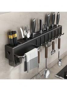Soporte de Cuchillos para Pared Acero Inoxidable | Barra Multifuncional Cocina con 8 Ganchos Extraíbles + Toallero, Almacenamiento Organizador - Negro - Ver 6