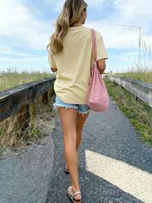 Disney Charming Minnie Mouse "Bon Appétit" Adult T-Shirt – Soft Butter Yellow Oversized Tee With Playful French Slogan & Abstract Graphic For Women - Màu be - Xem 3