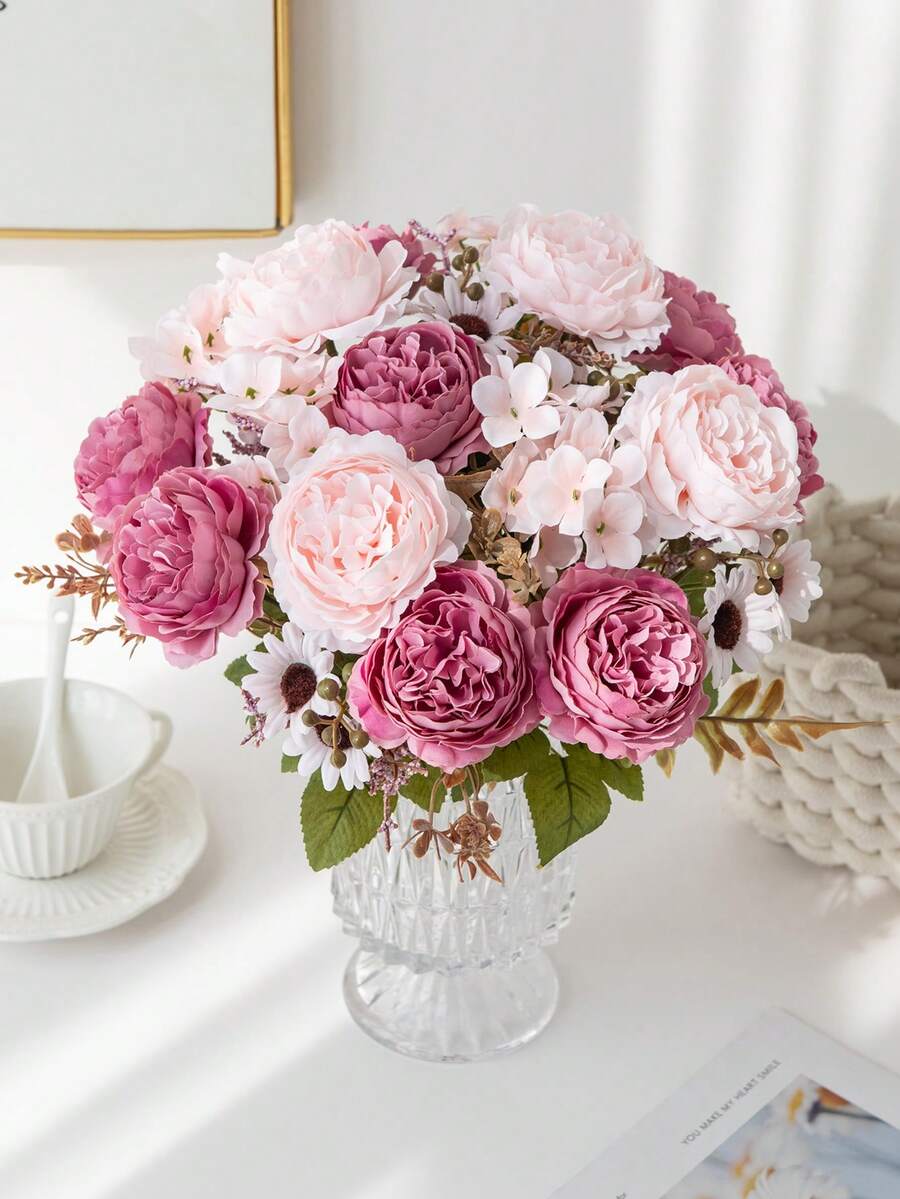 1/3/80pcs Romantic Silk Peony & Hydrangea Artificial Flower Bouquet, Home Decor Fake Flowers, Wedding Decoration, Spring Decor, Indoor, Kitchen, Dining Room, Bedroom, Bathroom, New Year, Outdoor Garden, Bridal Bouquet, School Supplies, Back To School, Campus Decor, Valentine's Day, New Year Decoration - Sand Red - View 1