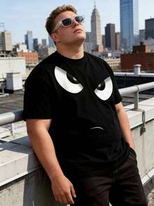 Plus Size Men's Funny Monster Graphic Short Sleeve T-Shirt, Black Plus Size Casual Tee With Quirky Eyes Design, Streetwear Crew Neck Tee For Summer - Multicolor - View 1
