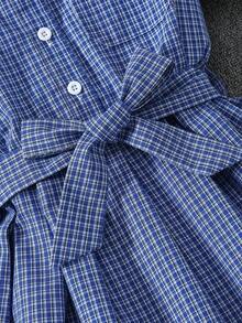 Girls Elegant Short Sleeve Plaid Belted Knee-Length Pleated Dress, Casual School Style, For Ages 8-12 - Blue - View 4