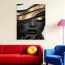 con marco1 pieza de arte de lienzo abstracto surrealista negro y dorado, retrato femenino, , moderno y retro, para decoración de paredes en sala de estar, dormitorio, cocina, oficina en casa - Pintura temática de moda interior, regalo perfecto para vacaciones, decoración estética de habitaciones. - Enmarcado - Ver 2