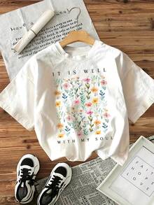 It Goes Well With My Round Neck, Floral Pattern And Short Sleeve T-Shirt. - White - View 2