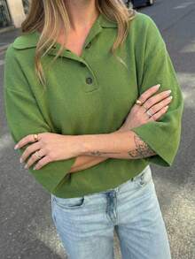 纯色简约绿色女士针织Polo领套头毛衣，百搭优雅休闲通勤度假短袖夏季 - 綠色 - 查看 3