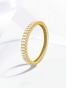 1枚简约扁平开口925纯银女士结婚戒指，优雅精致立方氧化锆戒指，结婚首饰，情侣订婚承诺戒指礼物 - 金色 - 查看 8