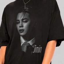Jimin Shirt, Jimin Shirt,Black And White Shirt,Korean Pop Aesthetic Streetwear, Jersey Jimin For Fans,Idol Graphic,Jimin T Shirt 1PC Fashion Aesthetic Women's T-Shirt - Basic Casual Top | Perfect For Daily Wear/Gym/Beach/Office/Lounge/Dorm New Year/Easter/Valentine's Day/St. Patrick's Day/Mother's Day Gifts Tee, Fashion Leisure Sports T-Shirt,All-Season Casual Women's Top, Holiday/Birthday Gift Tee Thoughtful Gift For Friends & Sisters - 黑色3 - 查看 1
