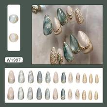 Summer Simple Press On Nails Long Almond Fake Nails Glitter False Nails Gold Edge Blue Green Gradient Design Glossy Full Cover Stick On Nail Reusable Glue On Nail For Women Decor Manicure 24Pcs - ColorA - 查看 2