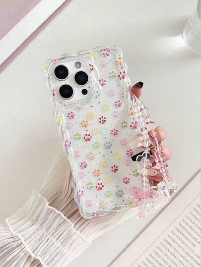 Katttassavtryck Färgglatt Flätad Vågkant Elegant TPU Skyddande Telefonskal med Pärlarmband Tillbehör, Kompatibelt med 17pro/17Air /17/17promax 16/11/16pro/16plus/16promax/16e/15Promax/13/14/12/XS/XR/7G/8PXR /7/8, 15Promax, 13, 14, Mjukt Stötsäkert Skal