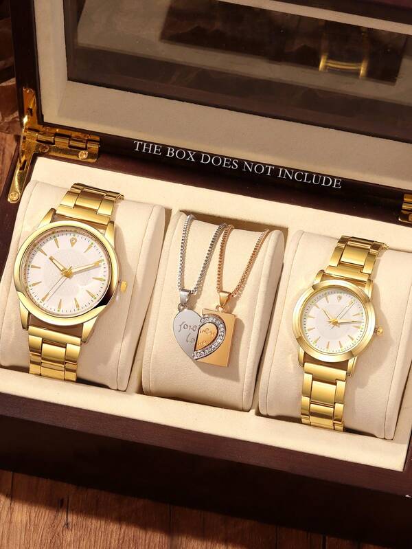 Bộ 4 món đồng hồ đôi thời trang và đa năng, kiểu dáng tròn, dây đeo thép đơn giản, máy quartz, kèm dây chuyền mặt hình trái tim, thích hợp cho đám cưới, tiệc tùng, lễ hội, mùa tựu trường, Giáng sinh và đeo hàng ngày, là bộ quà tặng tuyệt vời nhất dành cho các cặp đôi.