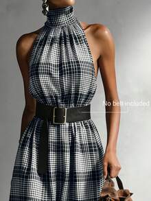 Versatile Sleeveless Dress, Black & White Plaid Pattern, Suitable For Commute And Vacation - Black - View 3