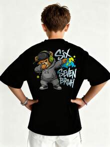 Tween Boys Casual Printed Crew Neck Short Sleeve T-Shirt, Summer Top - Black - View 8