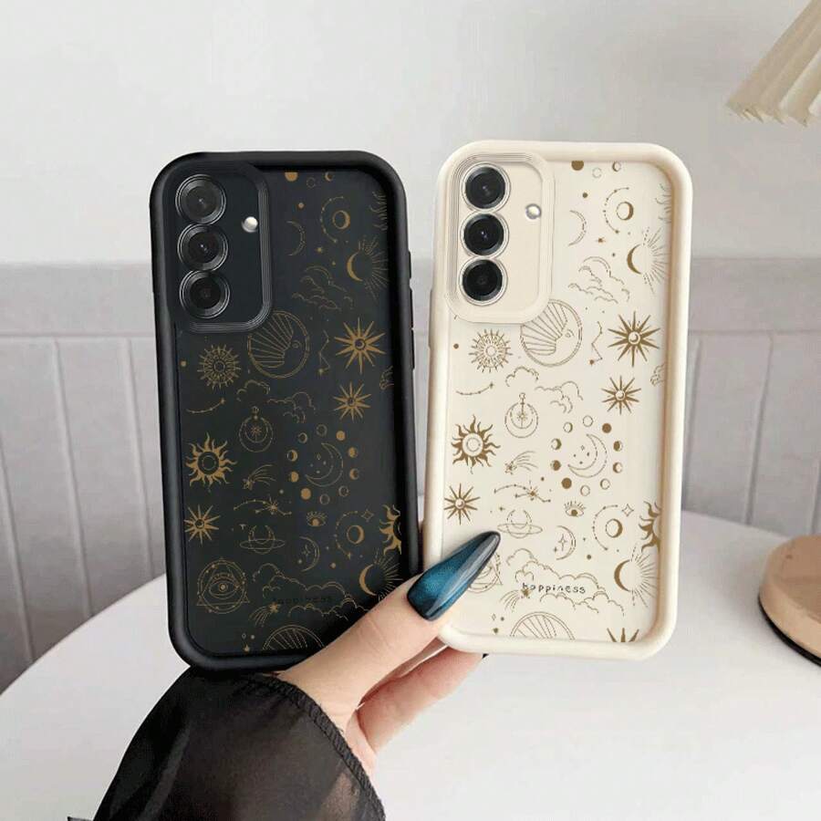Sun Moon Stars Pattern Phone Case Suitable For Samsung Galaxy A05 A05S A06 A07 A12 A13 A14 A15 A16 5G A17 A21S A22 A23 A24 A25 A26 A32 A33 A34 A35 A36 A52 A53 A54 A55 A56 S21 Ultra S22 Plus S23+ S24 FE S25 Edge Shockproof Full Cover Black Phone Case,Suitable For IPhone17 Air - 黑色 - 查看 1