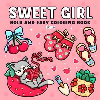GDTME 1本成人涂色书，尺寸为7.9英寸 x 7.9英寸，珍珠封面，可撕取设计；附赠1张贺卡。内页包含更多可爱甜美的线条艺术图案，例如袜子、漂流瓶和甜点，简洁明了，是女孩们释放创造力、营造甜蜜治愈氛围的理想之选。其简单易用的设计有助于缓解压力、放松身心。